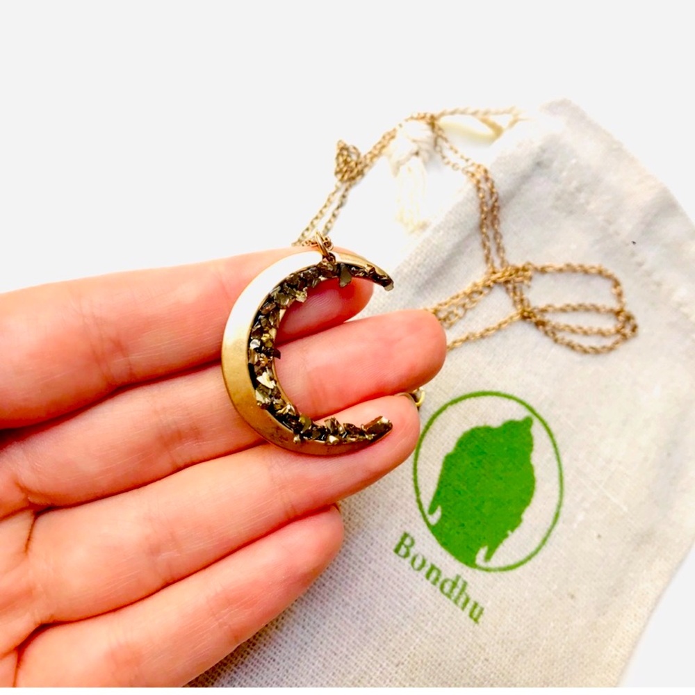 Bondhu Gold Crescent Moon Necklace with Intricate Detailing nwt